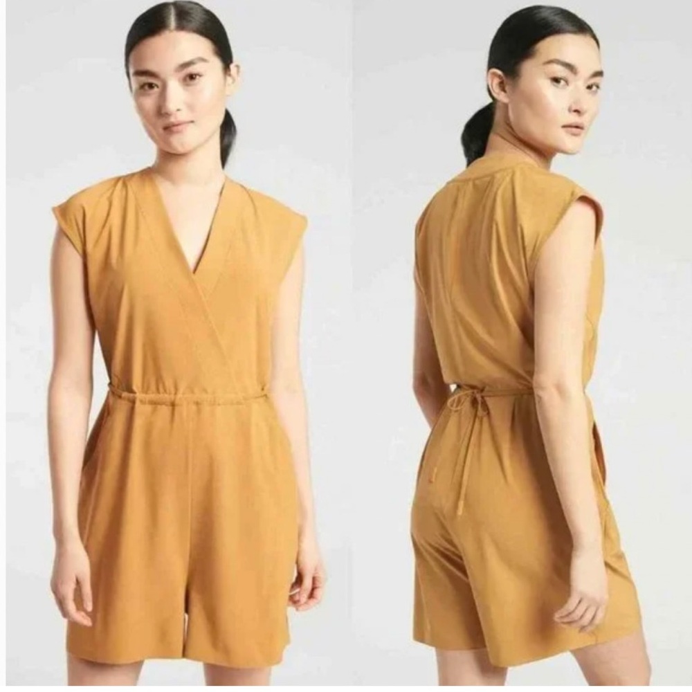Athleta Marlow‎ Drawstring V-Neck Short Sleeve Romper- Tuscan Gold Size XS